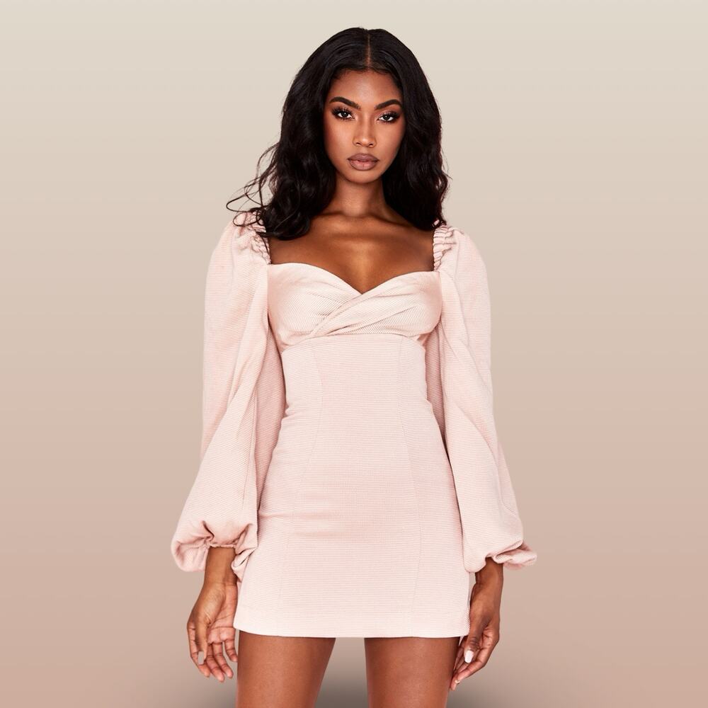 House of CB Blush Damask Balloon Sleeve Alliah Milkmaid Coquette Mini Dress L